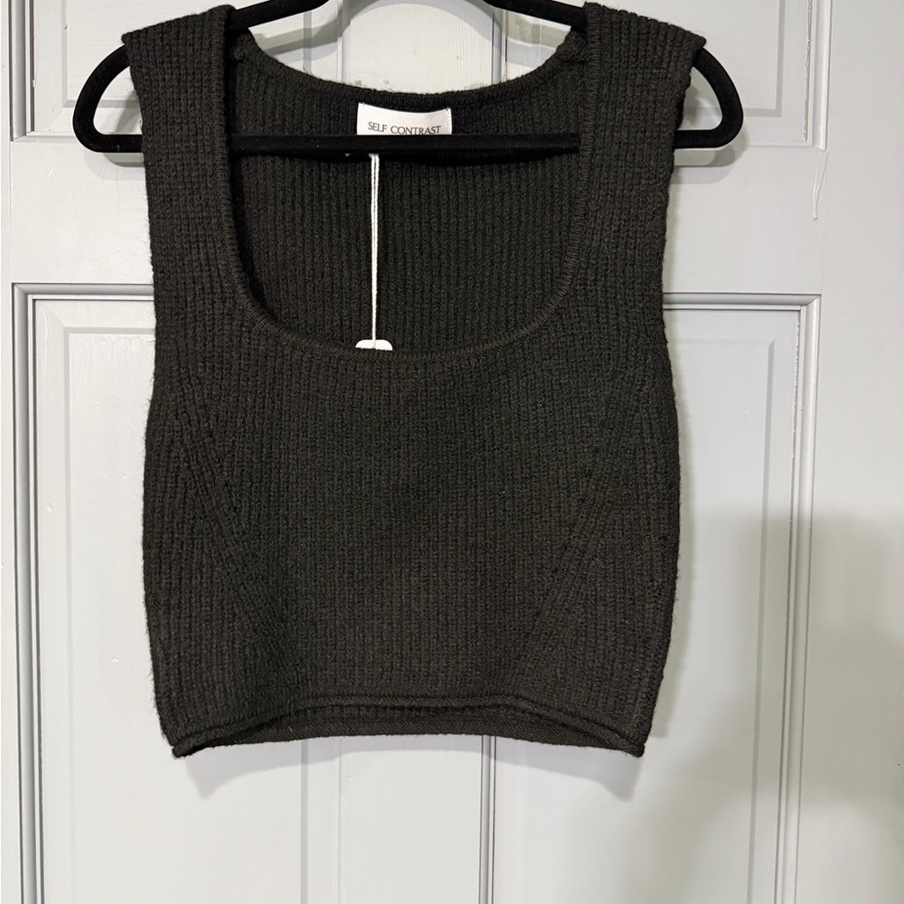 Anthropologie Self Contrast Black Knit Crop Tank Textured Minimalist Top NWT